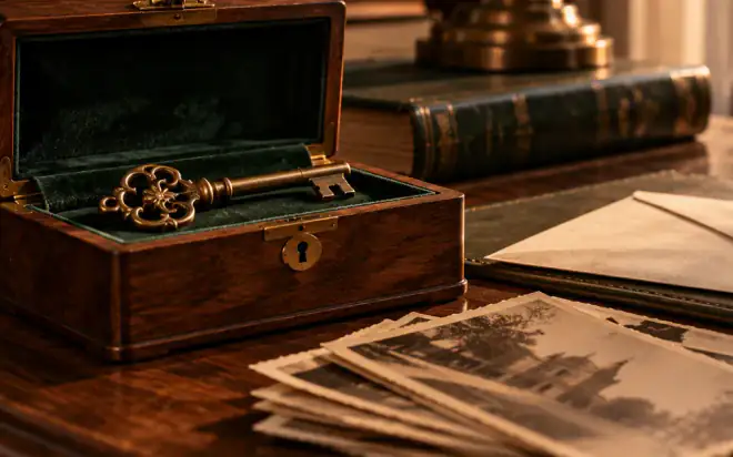 Старинная шкатулка с ключом и семейные фотографии